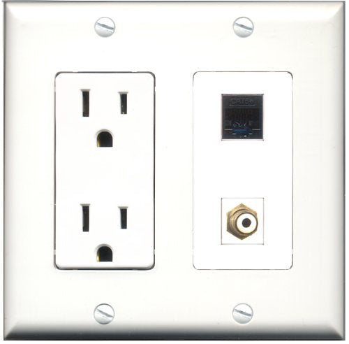 RiteAV - 15 Amp Power Outlet and 1 Port RCA White and 1 Port Cat5e Ethernet Black Decorative Type Wall Plate White