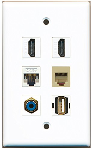 RiteAV - 2 HDMI 1 Port RCA Blue 1 Port USB A-A 1 Port Phone RJ11 RJ12 Beige 1 Port Cat5e Ethernet White Wall Plate