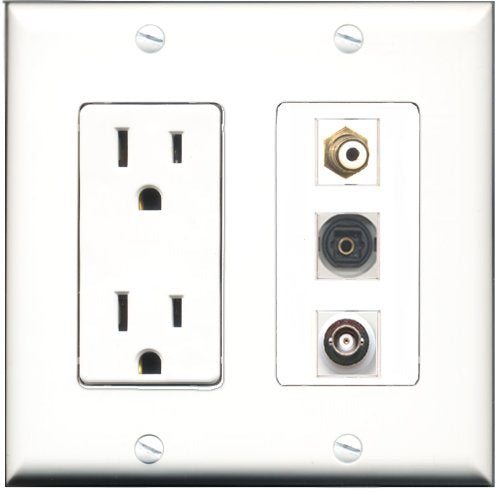 RiteAV - 15 Amp Power Outlet 1 Port RCA White 1 Port Toslink 1 Port BNC Decorative Wall Plate