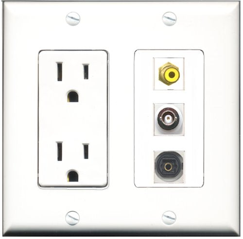 RiteAV - 15 Amp Power Outlet 1 Port RCA Yellow 1 Port Toslink 1 Port BNC Decorative Wall Plate