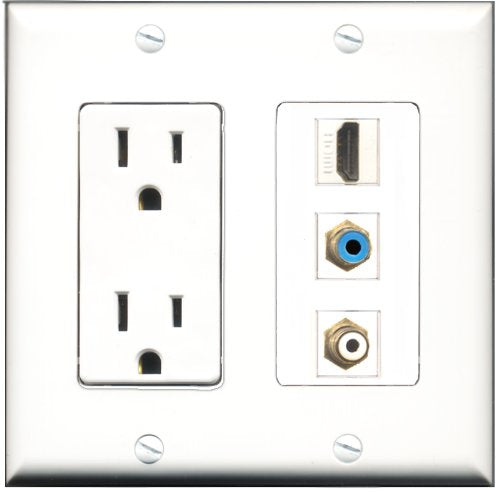 RiteAV - 15 Amp Power Outlet 1 Port HDMI 1 Port RCA White 1 Port RCA Blue Decorative Wall Plate