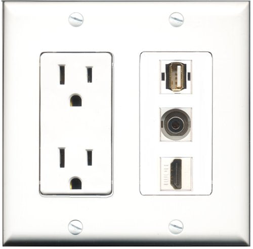 RiteAV - 15 Amp Power Outlet 1 Port HDMI 1 Port USB A-A 1 Port 3.5mm Decorative Wall Plate
