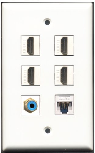 RiteAV - 4 Port HDMI 1 RCA Blue 1 Cat5e Ethernet White Wall Plate
