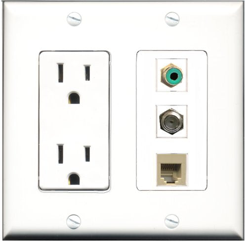 RiteAV - 15 Amp Power Outlet 1 Port RCA Green 1 Port Coax 1 Port Phone Beige Decorative Wall Plate