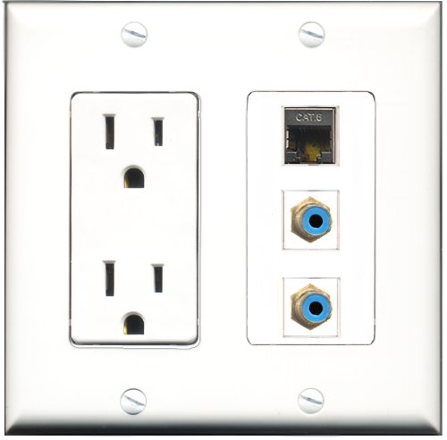 RiteAV - 15 Amp Power Outlet 2 Port RCA Blue 1 Port Shielded Cat6 Ethernet Ethernet Decorative Wall Plate