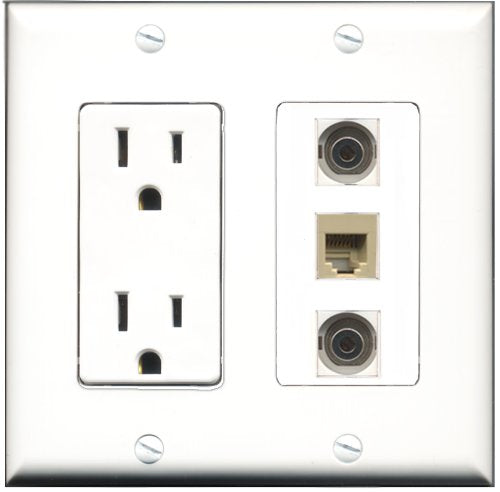 RiteAV - 15 Amp Power Outlet 1 Port Phone Beige 2 Port 3.5mm Decorative Wall Plate