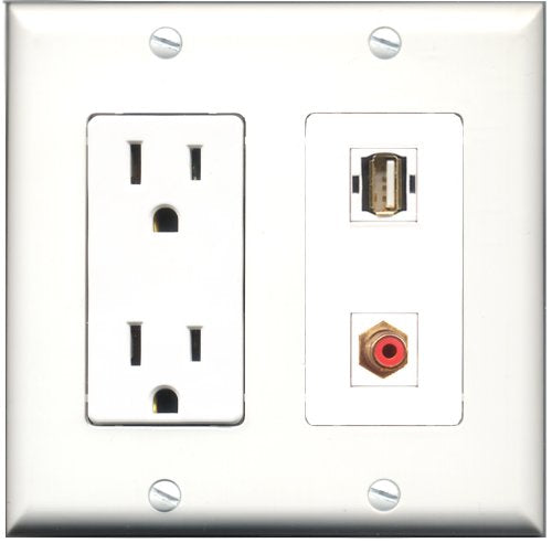 RiteAV - 15 Amp Power Outlet and 1 Port RCA Red and 1 Port USB A-A Decorative Type Wall Plate White