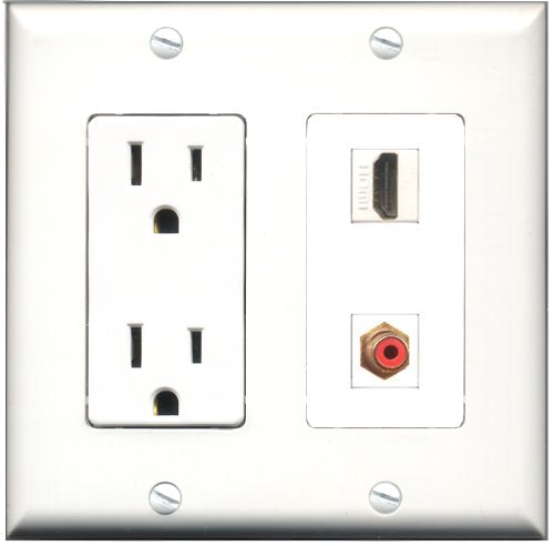 RiteAV - 15 Amp Power Outlet and 1 Port HDMI and 1 Port RCA Red Decorative Type Wall Plate White