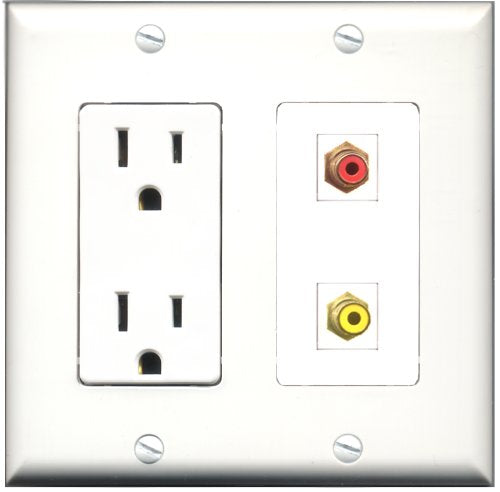 RiteAV - 15 Amp Power Outlet and 1 Port RCA Red and 1 Port RCA Yellow Decorative Type Wall Plate White