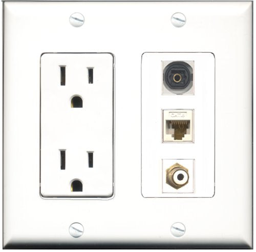 RiteAV - 15 Amp Power Outlet 1 Port RCA White 1 Port Toslink 1 Port Cat6 Ethernet Ethernet White Decorative Wall Plate