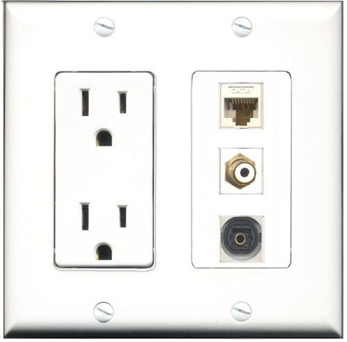 RiteAV - 15 Amp Power Outlet 1 Port RCA White 1 Port Toslink 1 Port Cat6 Ethernet Ethernet White Decorative Wall Plate