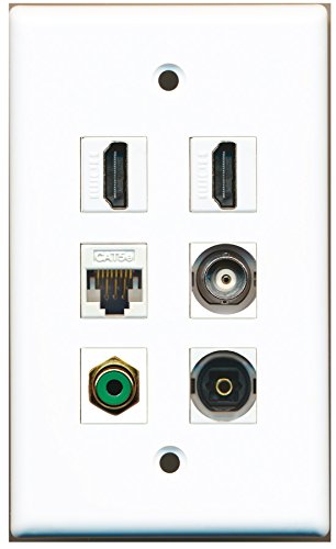 RiteAV - 2 HDMI 1 Port RCA Green 1 Port Toslink 1 Port BNC 1 Port Cat5e Ethernet White Wall Plate