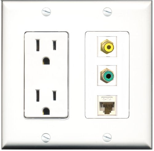 RiteAV - 15 Amp Power Outlet 1 Port RCA Yellow 1 Port RCA Green 1 Port Cat6 Ethernet Ethernet White Decorative Wall Plate