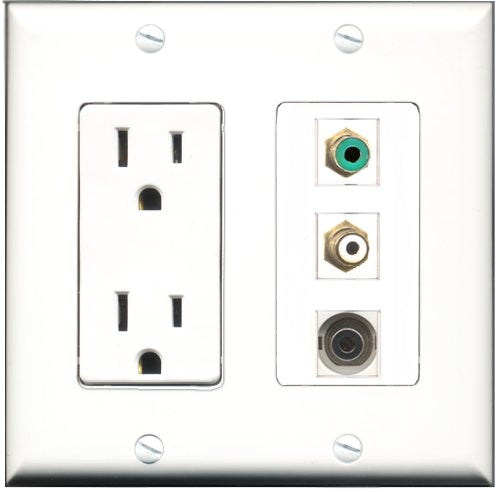 RiteAV - 15 Amp Power Outlet 1 Port RCA White 1 Port RCA Green 1 Port 3.5mm Decorative Wall Plate