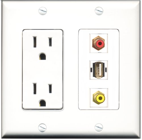 RiteAV - 15 Amp Power Outlet 1 Port RCA Red 1 Port RCA Yellow 1 Port USB A-A Decorative Wall Plate