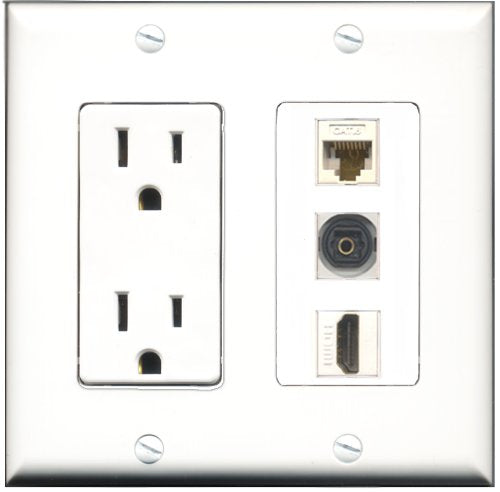 RiteAV - 15 Amp Power Outlet 1 Port HDMI 1 Port Toslink 1 Port Cat6 Ethernet Ethernet White Decorative Wall Plate