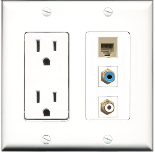 RiteAV - 15 Amp Power Outlet 1 Port RCA White 1 Port RCA Blue 1 Port Phone Beige Decorative Wall Plate