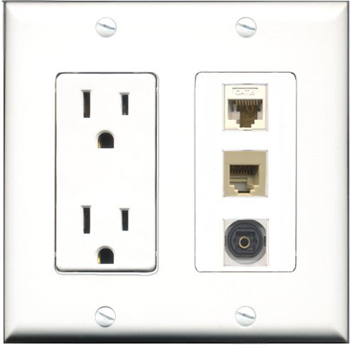 RiteAV - 15 Amp Power Outlet 1 Port Phone Beige 1 Port Toslink 1 Port Cat6 Ethernet Ethernet White Decorative Wall Plate