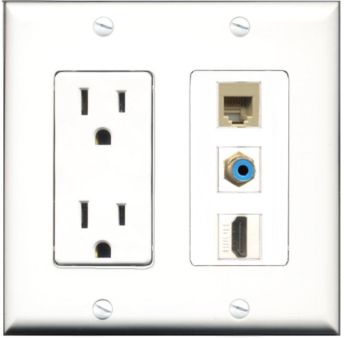 RiteAV - 15 Amp Power Outlet 1 Port HDMI 1 Port RCA Blue 1 Port Phone Beige Decorative Wall Plate