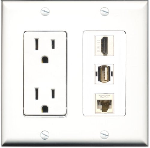 RiteAV - 15 Amp Power Outlet 1 Port HDMI 1 Port USB A-A 1 Port Cat6 Ethernet Ethernet White Decorative Wall Plate