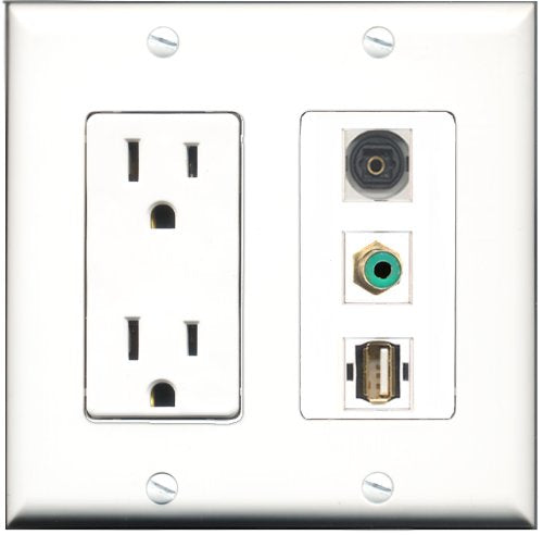 RiteAV - 15 Amp Power Outlet 1 Port RCA Green 1 Port USB A-A 1 Port Toslink Decorative Wall Plate