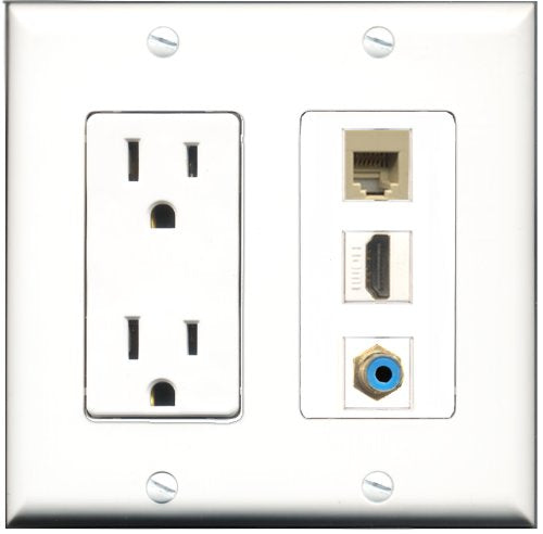 RiteAV - 15 Amp Power Outlet 1 Port HDMI 1 Port RCA Blue 1 Port Phone Beige Decorative Wall Plate