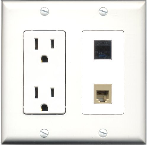 RiteAV - 15 Amp Power Outlet and 1 Port Phone RJ11 RJ12 Beige and 1 Port Cat5e Ethernet Black Decorative Type Wall Plate White