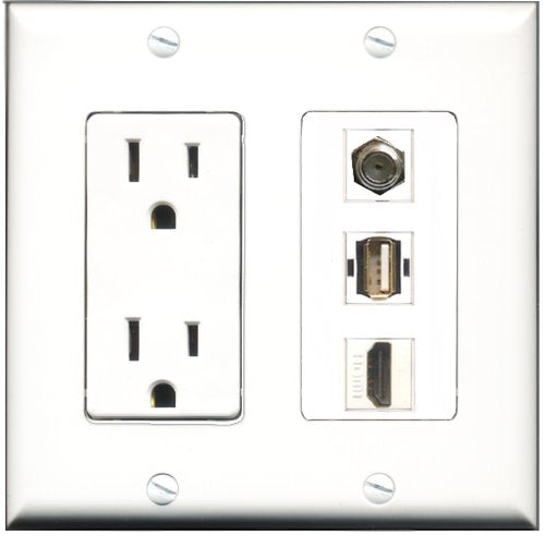 RiteAV - 15 Amp Power Outlet 1 Port HDMI 1 Port Coax 1 Port USB A-A Decorative Wall Plate