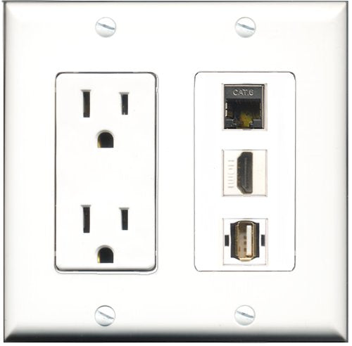 RiteAV - 15 Amp Power Outlet 1 Port HDMI 1 Port USB A-A 1 Port Shielded Cat6 Ethernet Ethernet Decorative Wall Plate