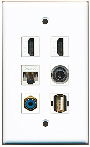 RiteAV - 2 HDMI 1 Port RCA Blue 1 Port USB A-A 1 Port 3.5mm 1 Port Cat5e Ethernet White Wall Plate