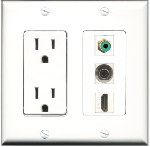 RiteAV - 15 Amp Power Outlet 1 Port HDMI 1 Port RCA Green 1 Port 3.5mm Decorative Wall Plate
