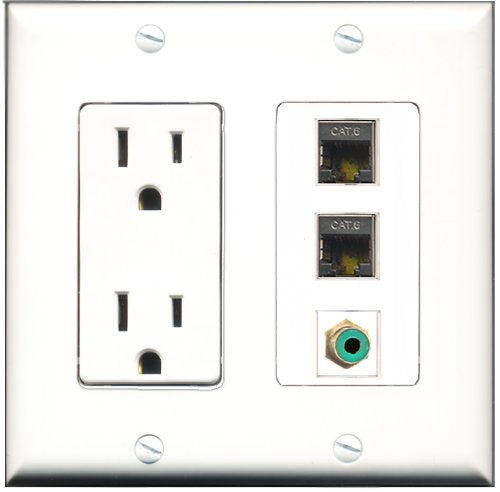 RiteAV - 15 Amp Power Outlet 1 Port RCA Green 2 Port Shielded Cat6 Ethernet Ethernet Decorative Wall Plate