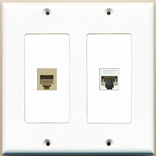 RiteAV - 1 Port Phone RJ11 RJ12 Beige 1 Port Cat5e Ethernet White - Dual Gang Wall Plate