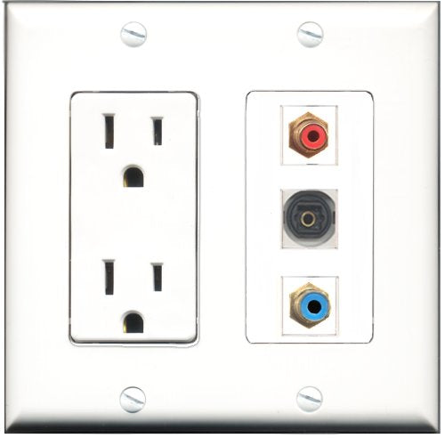 RiteAV - 15 Amp Power Outlet 1 Port RCA Red 1 Port RCA Blue 1 Port Toslink Decorative Wall Plate