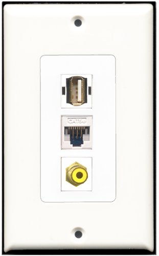 RiteAV - 1 Port RCA Yellow 1 USB A-A 1 Cat5e Ethernet White Wall Plate Decorative