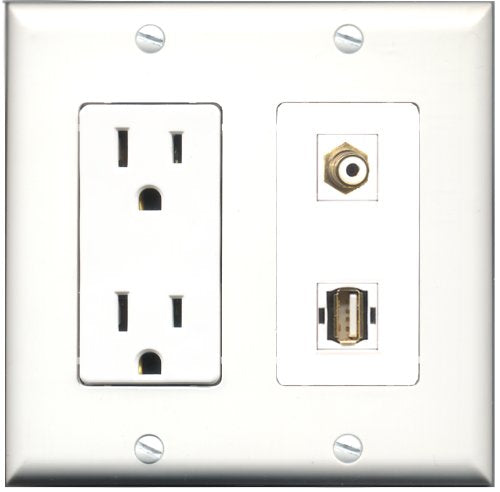 RiteAV - 15 Amp Power Outlet and 1 Port RCA White and 1 Port USB A-A Decorative Type Wall Plate White