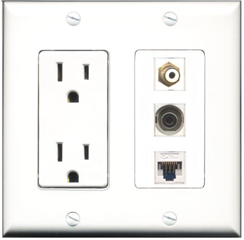 RiteAV - 15 Amp Power Outlet 1 Port RCA White 1 Port 3.5mm 1 Port Cat5e Ethernet White Decorative Wall Plate
