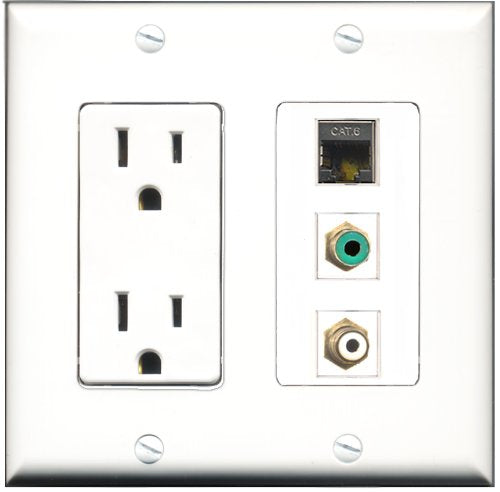 RiteAV - 15 Amp Power Outlet 1 Port RCA White 1 Port RCA Green 1 Port Shielded Cat6 Ethernet Ethernet Decorative Wall Plate