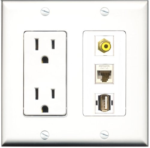 RiteAV - 15 Amp Power Outlet 1 Port RCA Yellow 1 Port USB A-A 1 Port Cat6 Ethernet Ethernet White Decorative Wall Plate