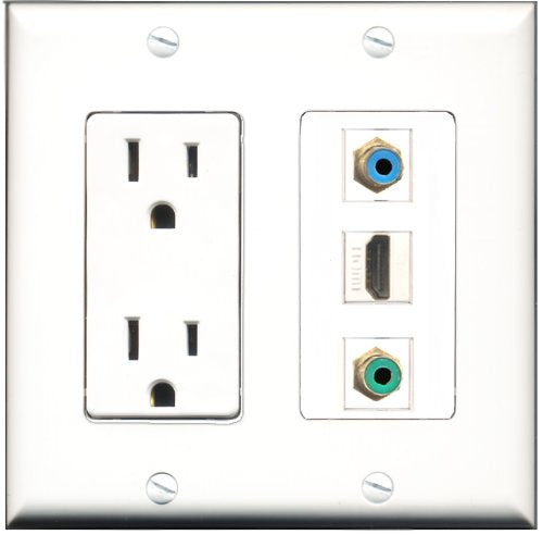 RiteAV - 15 Amp Power Outlet 1 Port HDMI 1 Port RCA Green 1 Port RCA Blue Decorative Wall Plate