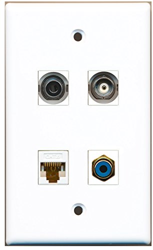 RiteAV - 1 Port RCA Blue 1 Port 3.5mm 1 Port BNC 1 Port Cat6 Ethernet White Wall Plate