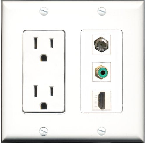 RiteAV - 15 Amp Power Outlet 1 Port HDMI 1 Port RCA Green 1 Port Coax Decorative Wall Plate