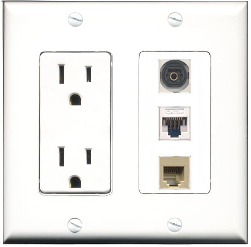 RiteAV - 15 Amp Power Outlet 1 Port Phone Beige 1 Port Toslink 1 Port Cat5e Ethernet White Decorative Wall Plate