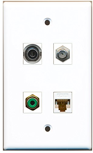 RiteAV - 1 Port RCA Green 1 Port Coax Cable TV- F-Type 1 Port 3.5mm 1 Port Cat6 Ethernet White Wall Plate