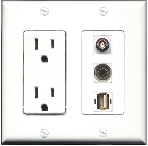 RiteAV - 15 Amp Power Outlet 1 Port USB A-A 1 Port 3.5mm 1 Port BNC Decorative Wall Plate