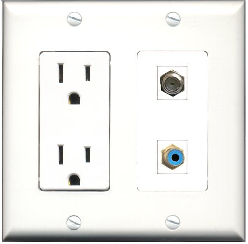 RiteAV - 15 Amp Power Outlet and 1 Port RCA Blue and 1 Port Coax Cable TV- F-Type Decorative Type Wall Plate White