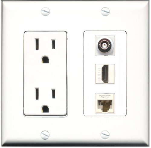 RiteAV - 15 Amp Power Outlet 1 Port HDMI 1 Port BNC 1 Port Cat6 Ethernet Ethernet White Decorative Wall Plate