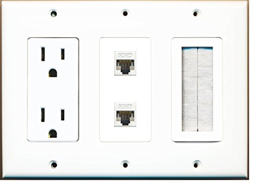 RiteAV - (3 Gang) 15A Power Outlet Mesh-Brush 2 Cat5e White Wall Plate White