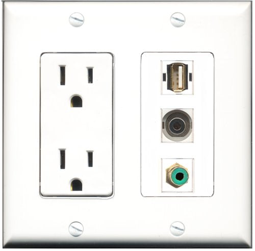 RiteAV - 15 Amp Power Outlet 1 Port RCA Green 1 Port USB A-A 1 Port 3.5mm Decorative Wall Plate