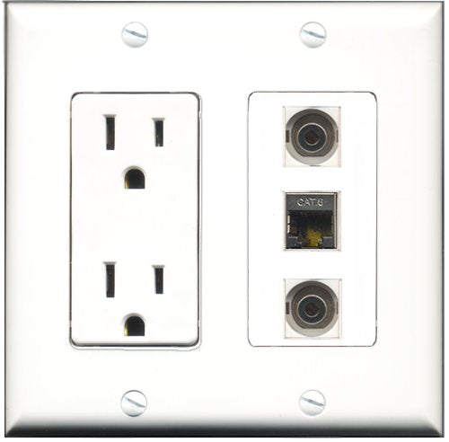 RiteAV - 15 Amp Power Outlet 1 Port Shielded Cat6 Ethernet Ethernet 2 Port 3.5mm Decorative Wall Plate